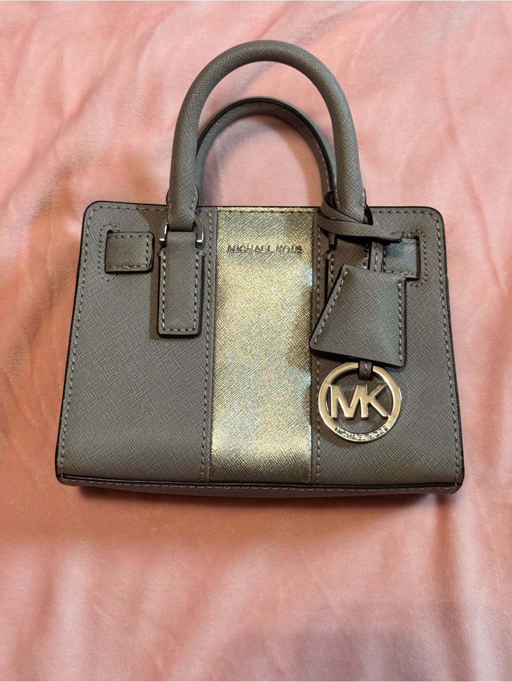 Michael Kors Gray Mini Saffiano Satchel with Metallic Stripe